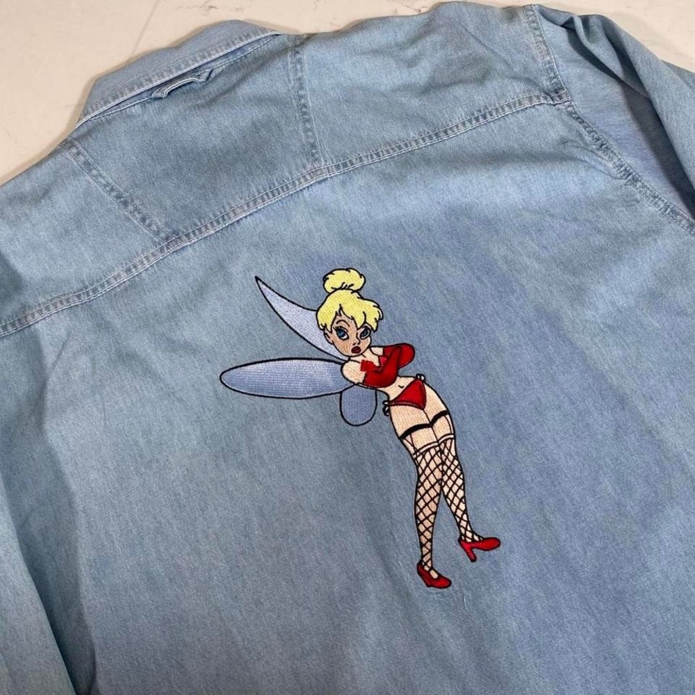 RARE Disney Sexy Tinkerbell Ultra club denim button up shirt men's size XL